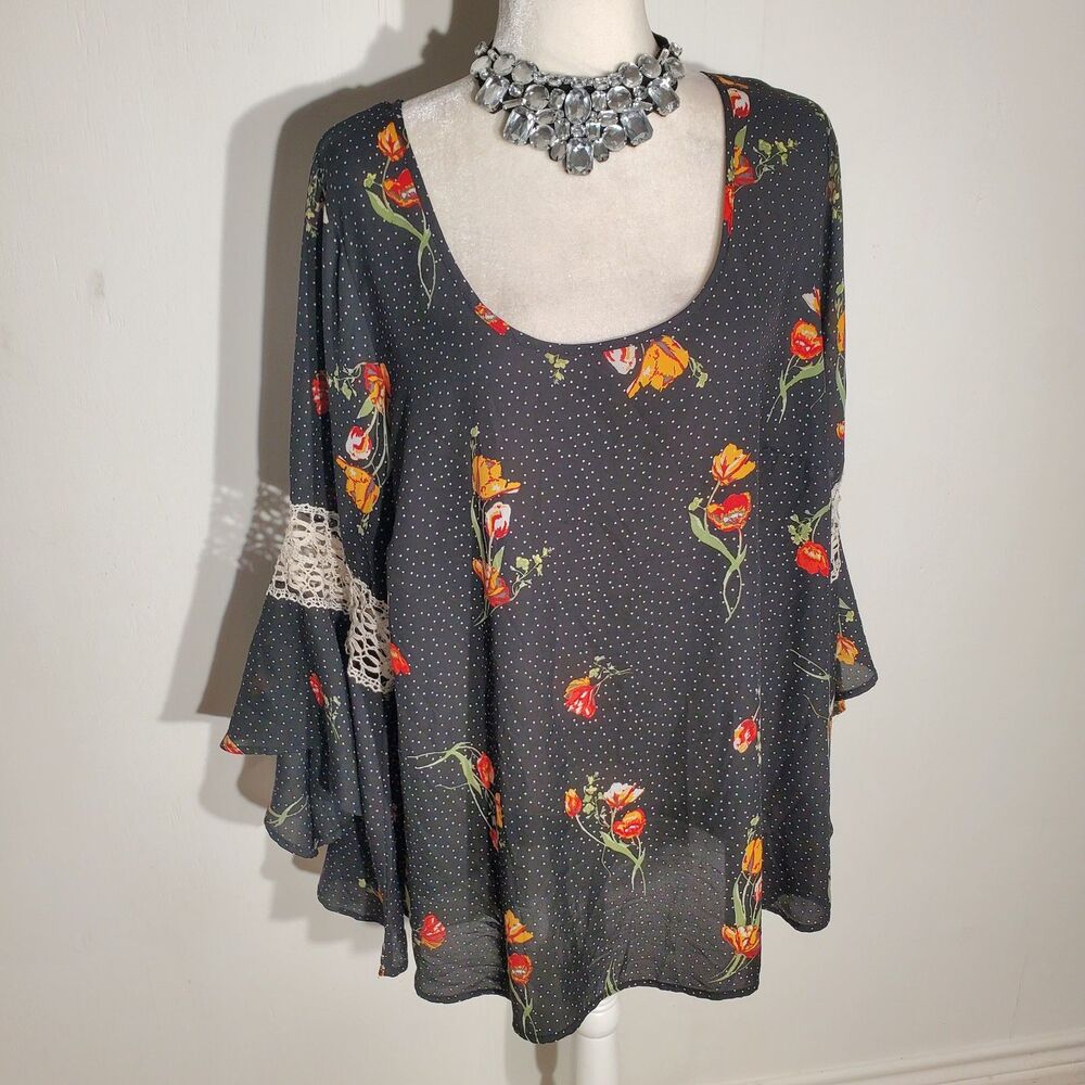 HEART SOUL BOHEMIAN BLOUSE BLACK BELL SLEEVE POLYESTER SIZE 2X